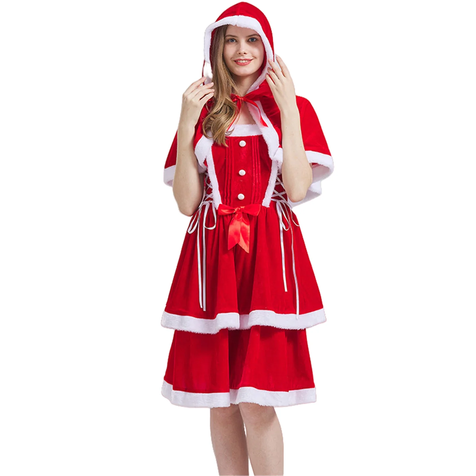 

Red Christmas Cosplay Dress with Tied Hat Family Atmosphere Party Event Stage Performance Costume