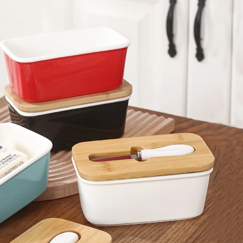 Ceramic Butter Dish with Bamboo Cover Butter Knife Rectangular Sealed Jar Western Cheese Butter Box Storage Jar Tableware