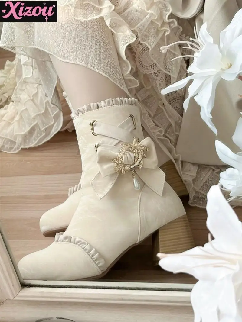 

Japanese Autumn and Winter Sweet Elegant Lolita Cross Strap Bow Pearl Short Boots Women's Original Retro French Lo Boots Female