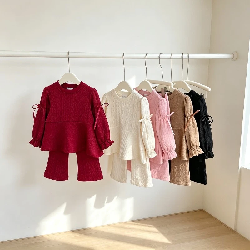Girls Knit Jacquard 2-Piece Outfit Long Sleeve Sweater Flared Pants Knitwear Bow Details Cute Toddler Autumn Spring Clothes Set