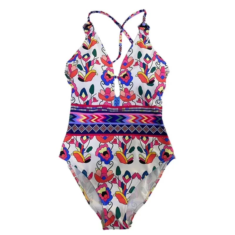 Women One Piece New Swimsuit Floral Print Swimwear Push Up Padded Bikini Bandage Backless Beachwear High Waist Bathing suit