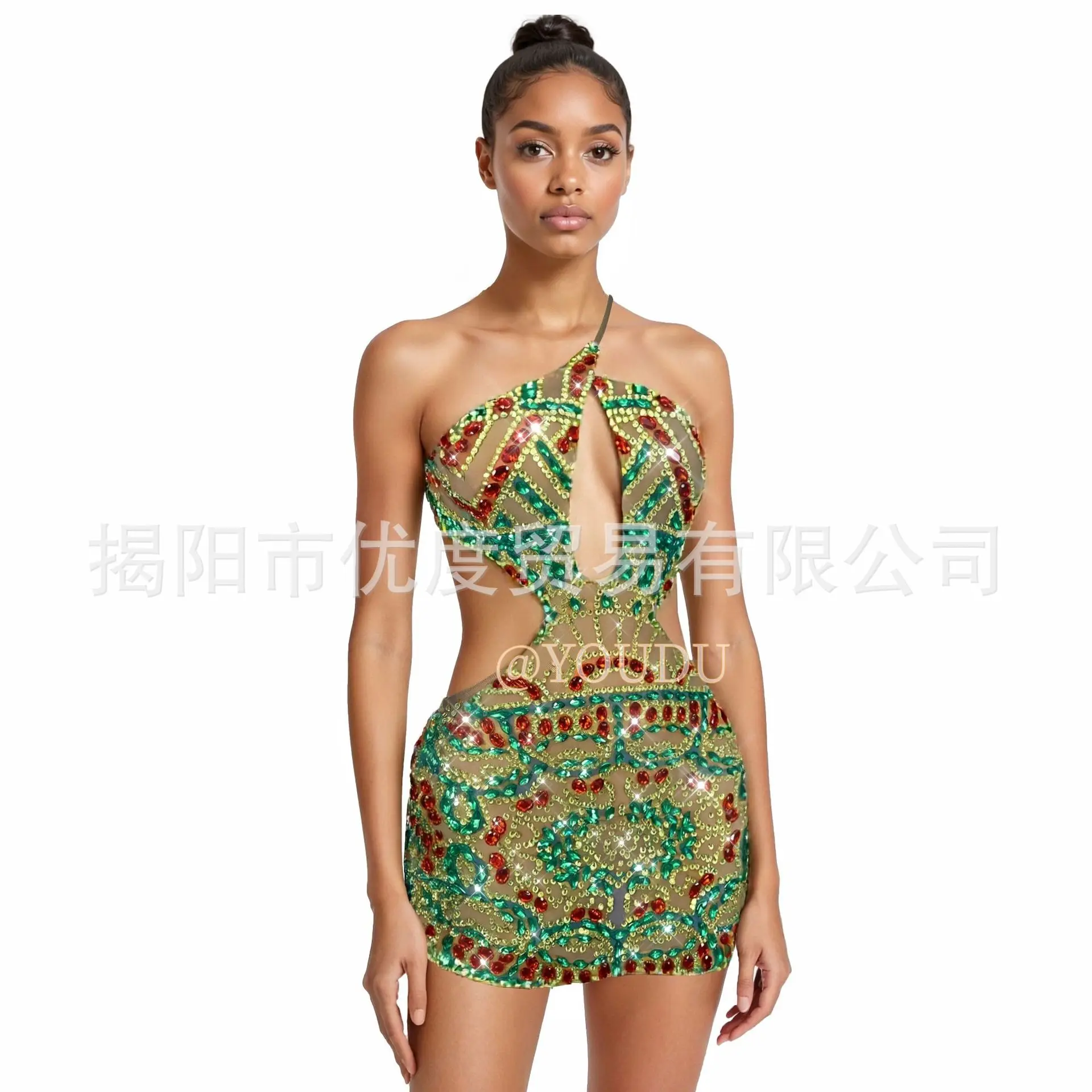 المرأة Halterneck مفتوح الظهر حفلة عيد ميلاد ملون بريق حجر الراين بقماش شفاف فستان قصير تنورة مصر Vestito Con Cristalli #1