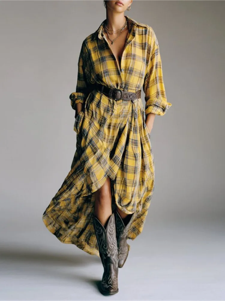 Robe à ourlet irrégulier pour femmes, mode imprimé à carreaux, col rabat ample, manches longues, printemps automne dames, robes de loisirs