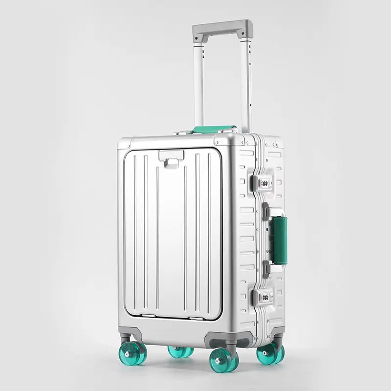 

Чемодан из алюминиево-магниевого сплава для женщин, 20-дюймовый ручной багаж, мужская модная тележка на колесиках с литыми колесами и кодовым замком.