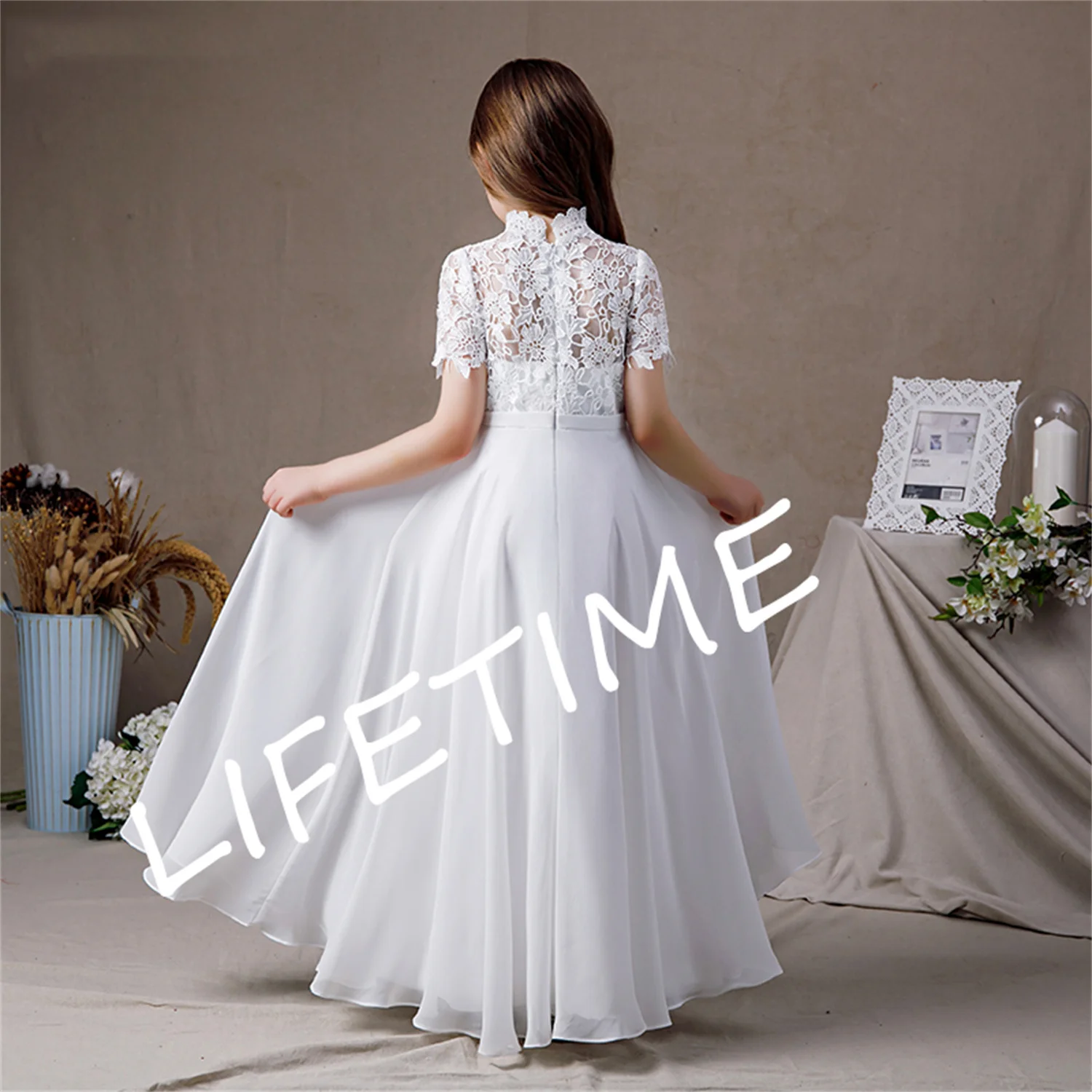 White High Neck Chiffon First Communion Dresses 2023 Lace Short Sleeves Junior Bridesmaid Gown Concert Birthday Party