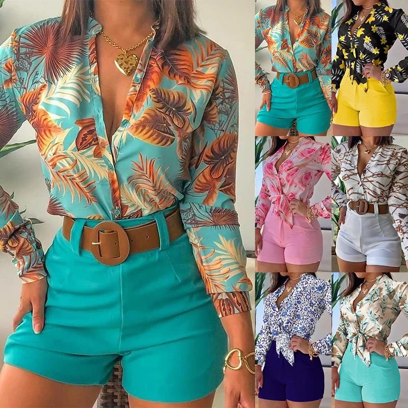 

Suit Beach Holiday Women'S Tracksuit Floral Leaf Long Sleeve Shirt And Shorts Matching Two 2 Piece Set Outftis Leisure Sweatsuit