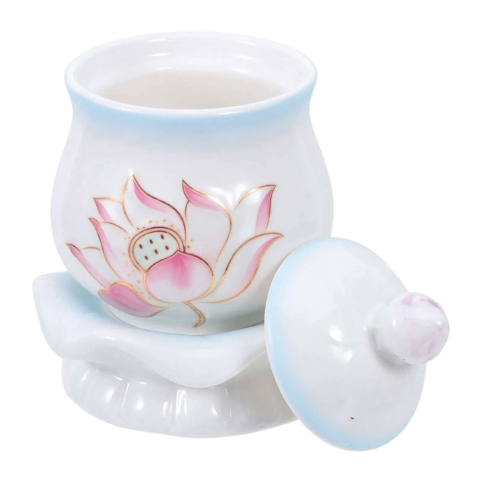 Glazed Lotus Buddhist Water Cup Handmade Ceramic Ritual Bowl Porcelain Ceremonial Water Cup Traditional Prayer Use Buddha