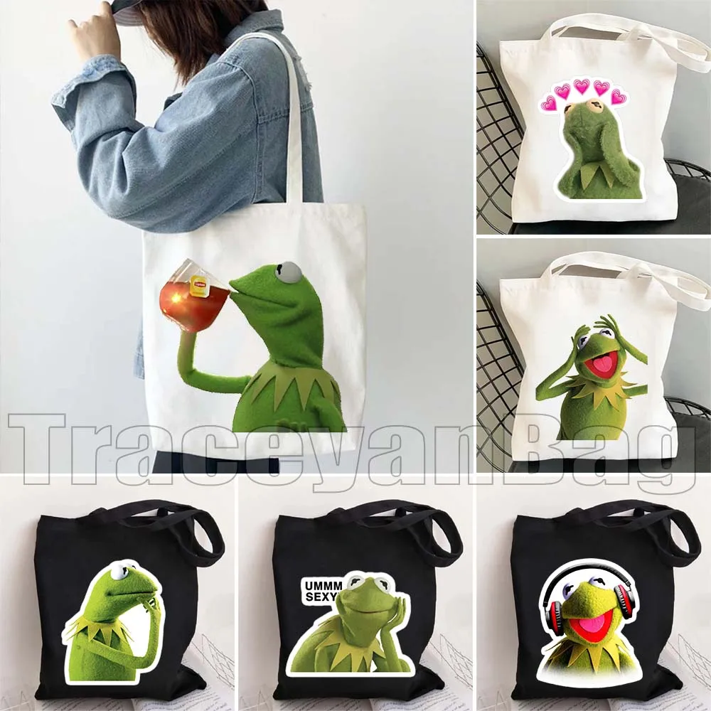 Lindo Kawaii Kermit Meme verde la rana regalos de dibujos animados bolsa de compras chica lona bolso de almacenamiento de hombro bolsas de comestibles reutilizables