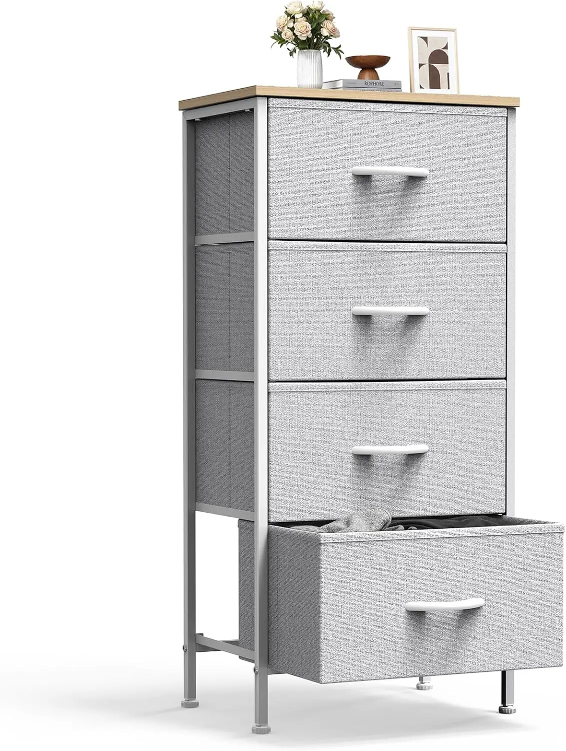 

Nightstand with 4 Fabric Drawers, Small Bedroom Dresser, Wooden Top End Table for Closet, Entryway, Dorm, Light Gray