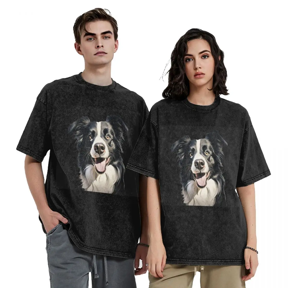 Border Collie Washed T Shirts Vintage Short Sleeve Hip Hop T-Shirt Streetwear Tops Tees for Men Women