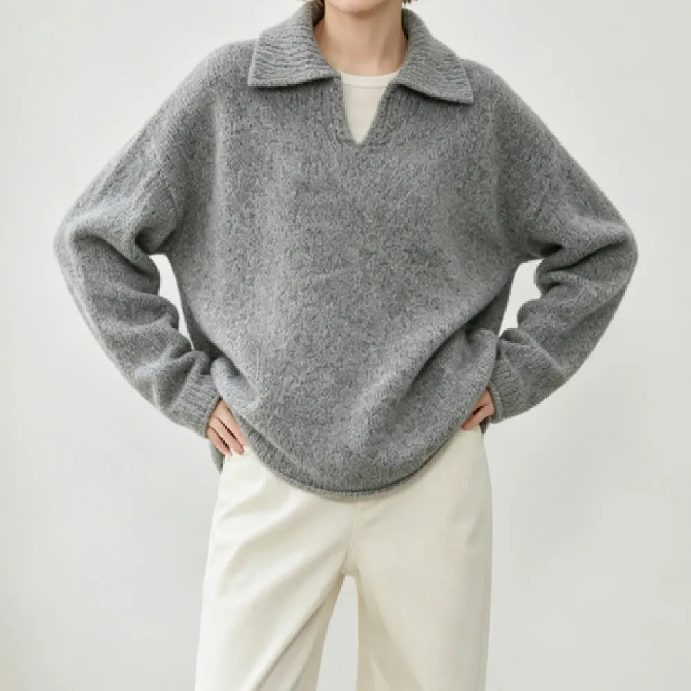 4 Colors Autumn Fashion Rib Lapel V Collar Knitted Long Sleeve Sweater Knitting Casual Pullover Loose Knitwear Apricot