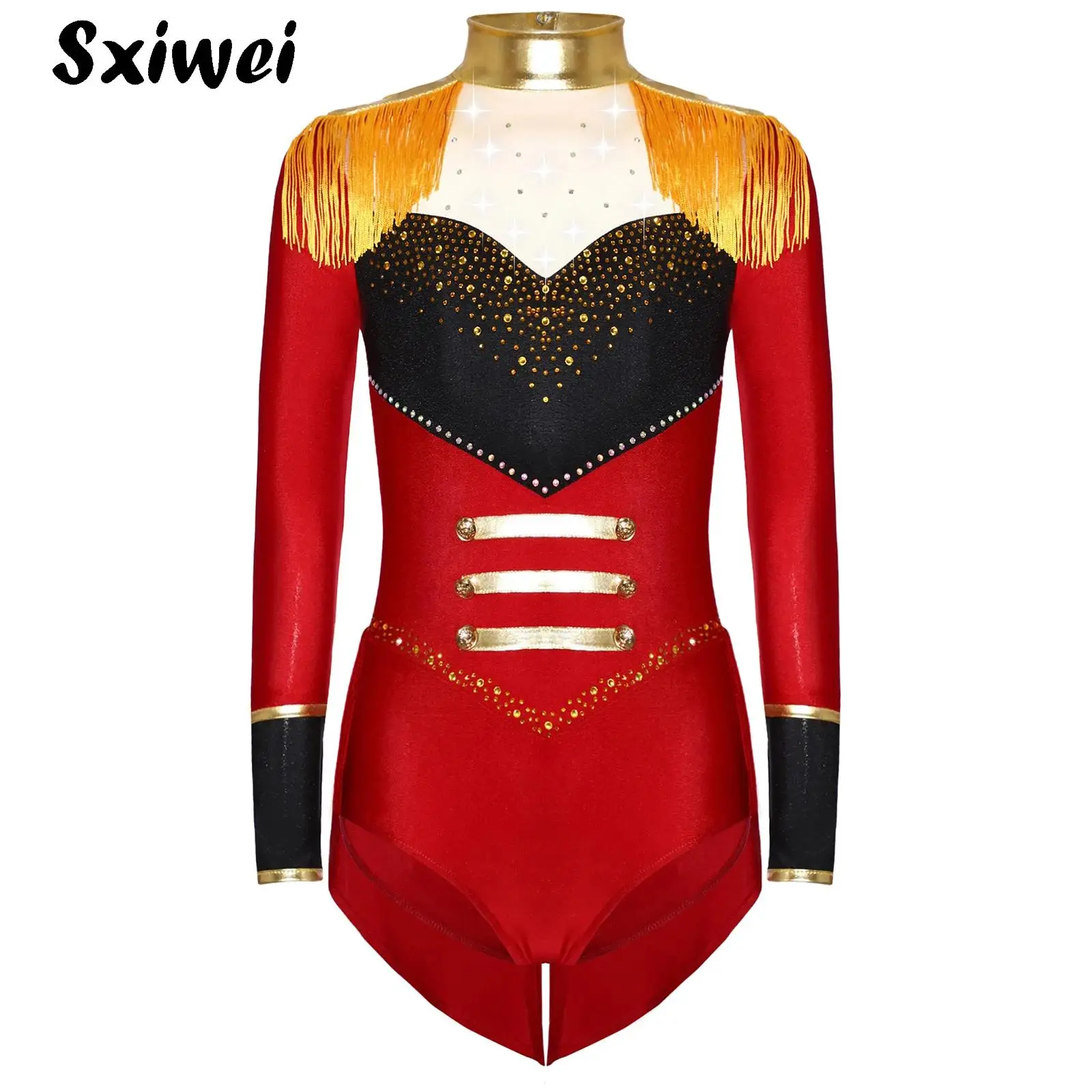 

Shiny Girls Circus Performance Costume Halloween Ringmaster Tassels Tuxedo Leotard Bodysuit Outfit Carnival Party Dancewear