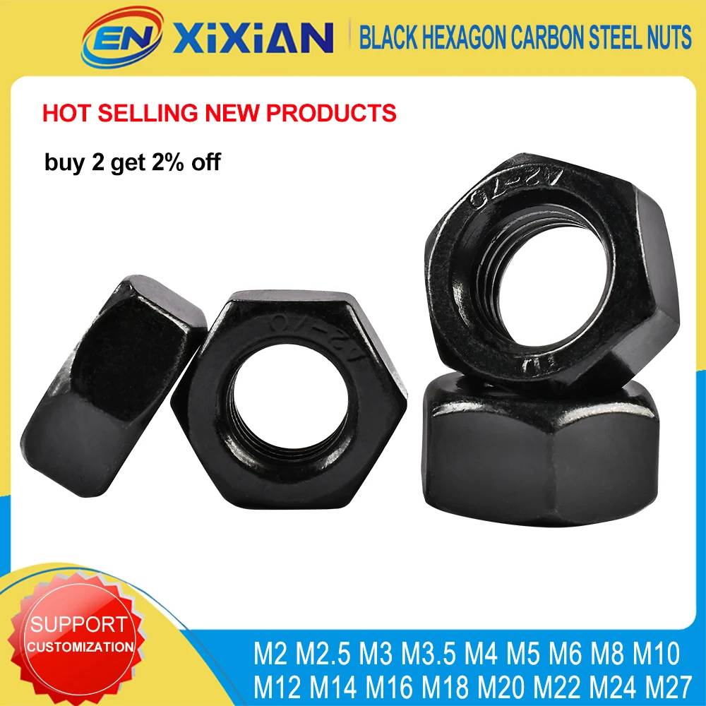 Black Hexagon Carbon Steel Metric Hex Nuts M2 M2.5 M3 M3.5 M4 M5 M6 M8 M10 M12 M14 M16 M18 M20 M22 M24 M27 DIN934 Nut 1-350pcs