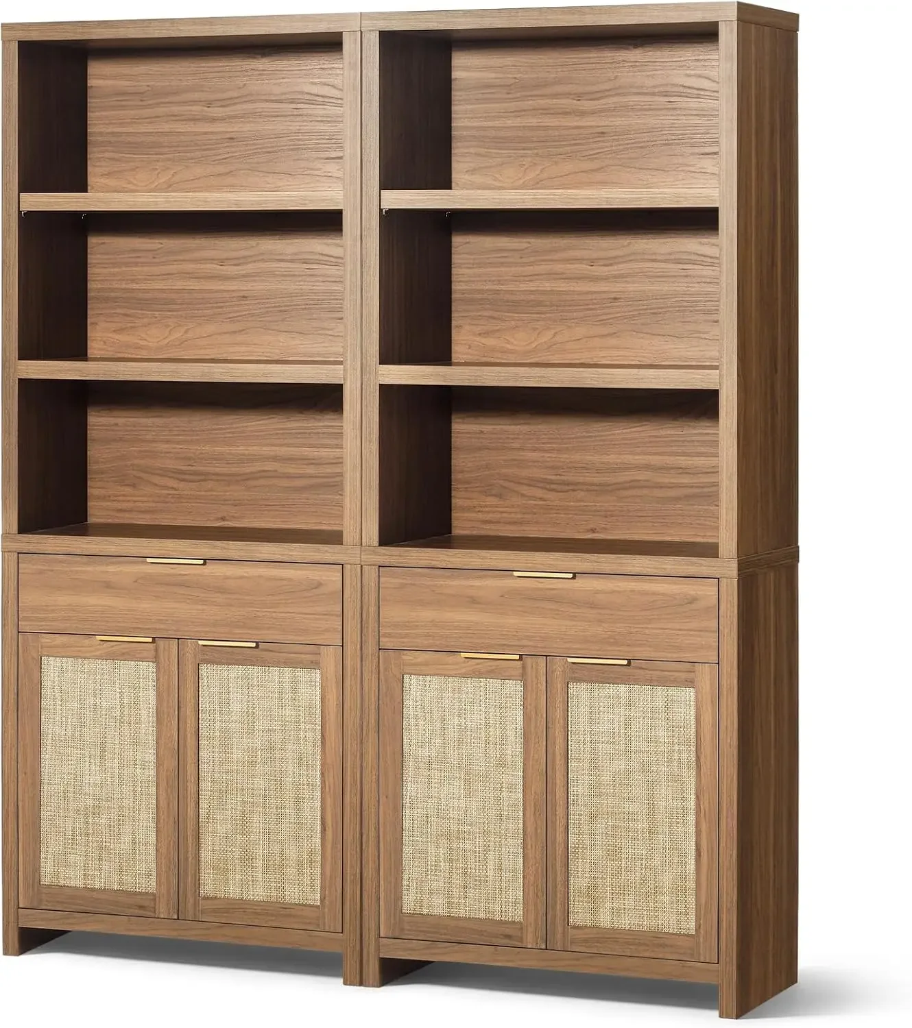 Hampstead Bookcase, Rattan Bookcase with Doors Cabinet and Drawer, 5-Tier Bookshelf, Large Wooden Book Case, Set of 2