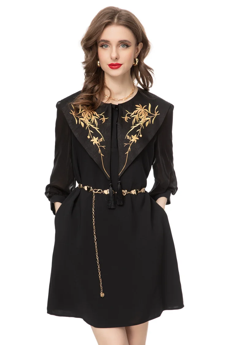 Spring Fashion Designer Black Vintage Spliced Dress Women O Neck Embroidery Metal Chain Gathered Waist Slim Mini Dress