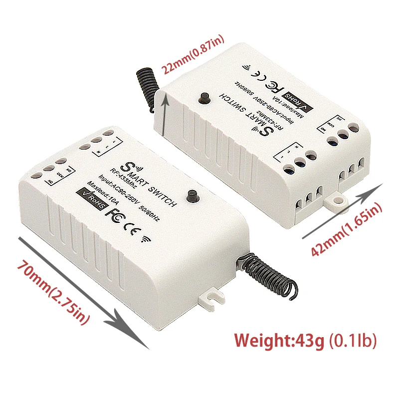 433Mhz Universal Wireless Remote Control Switch AC90V-250V 10Amp 1CH RF Relay Receiver Transmitter Module for LED/Light/fan lamp