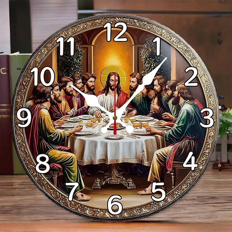 Last Supper Wooden Round Silent Hanging Wall Clock, Suitable For Living Room, Office, Study Room, Bedroom, Home Decoration