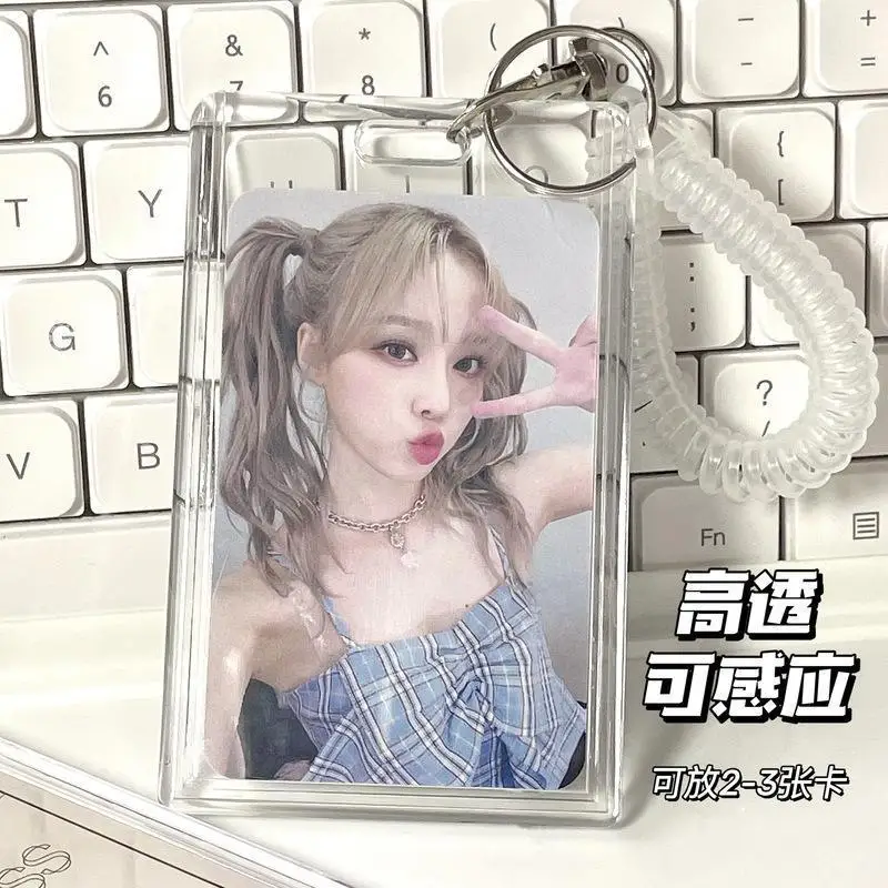 Dual Slot Acrylic Access Card Holder with Elastic Keychain for ID Bus Pass Work Badge Cover Sleeve