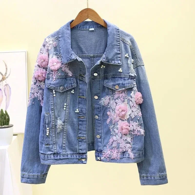 2025 New Embroidery Denim Short Jacket Women Spring Autumn Applique Diamond Holes Coat Loose Tops Student Jean Outerwear Parkas