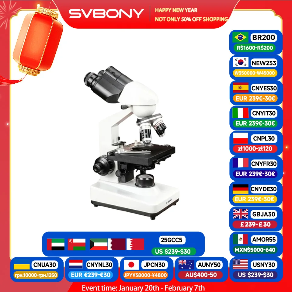 Svbony SM201 Binocular Compound Microscope, 40-2500X with 100x Oil Immersion Objective Lens NA1.25 Variable Light Abbe Condenser