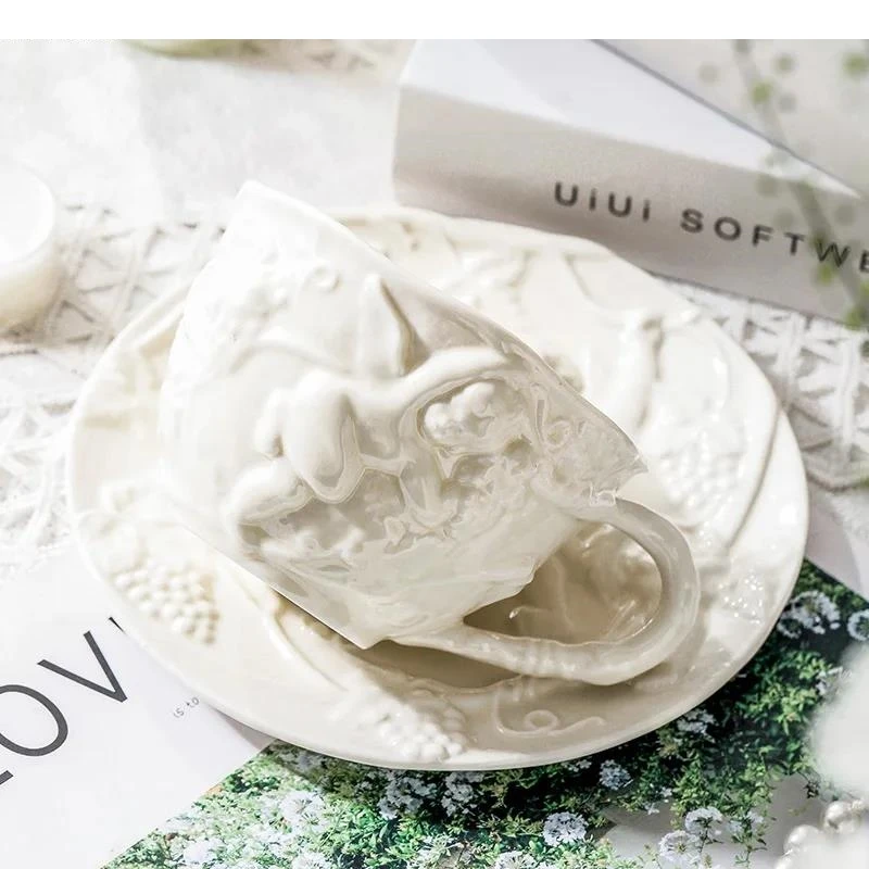 

Vintage Relief Pattern Ceramic Mug Plate Set Afternoon Tea Coffee Cup Fruit Milk Home Teapot Water Cups