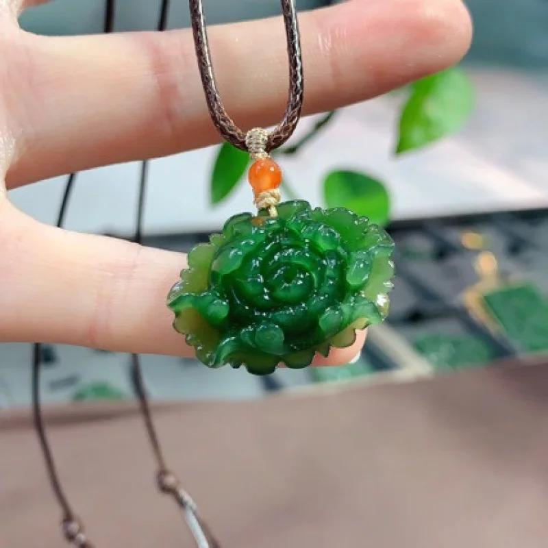 Hetian Jade Jasper Old Material Spinach Green Peony Flower Pendant Women