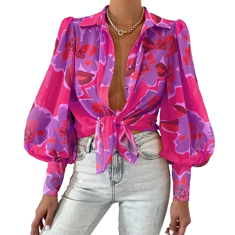 2024 Summer Sexy Women's Puff Sleeve Lapel Long Sleeve Top Printed Shirt Blouse Women