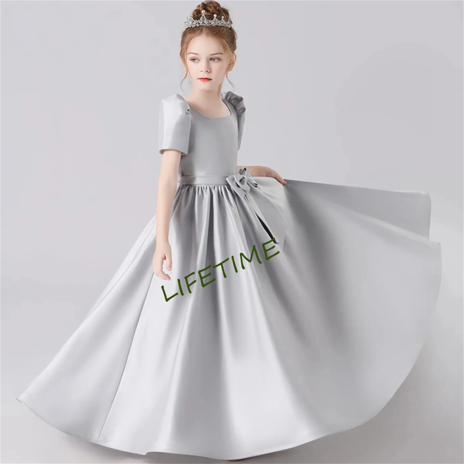 Burgundy Soft Satin Girls Christmas Dress Simple Short Sleeves Floor Length Junior Concert Pary Gown Birthday