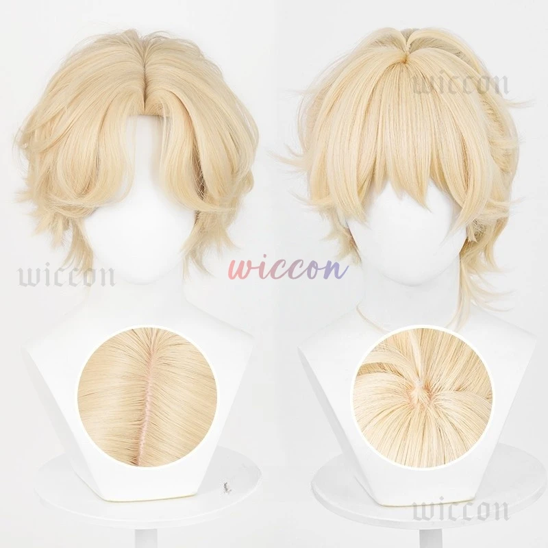 Peluca de Cosplay Luka de alta calidad, 30cm, cuero cabelludo dorado de leche corto, pelo sintético resistente al calor, pelucas de Cosplay de Anime, conjunto de guantes