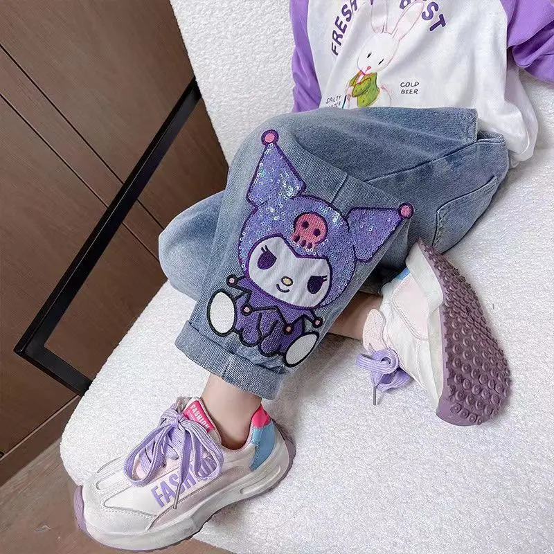 Frete grátis kawaii sanrio kuromi jeans infantis bonito dos desenhos animados retro solto moda cintura elástica multifuncional infantil