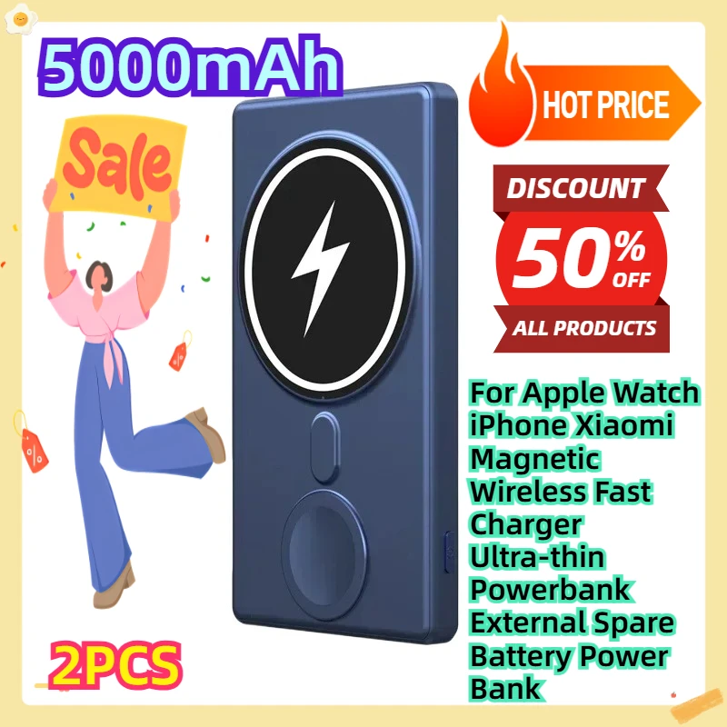 

For Apple Watch iPhone Xiaomi Magnetic Wireless Fast Charger Ultra-thin Powerbank External Spare Battery Power Bank 5000mAh 2pcs