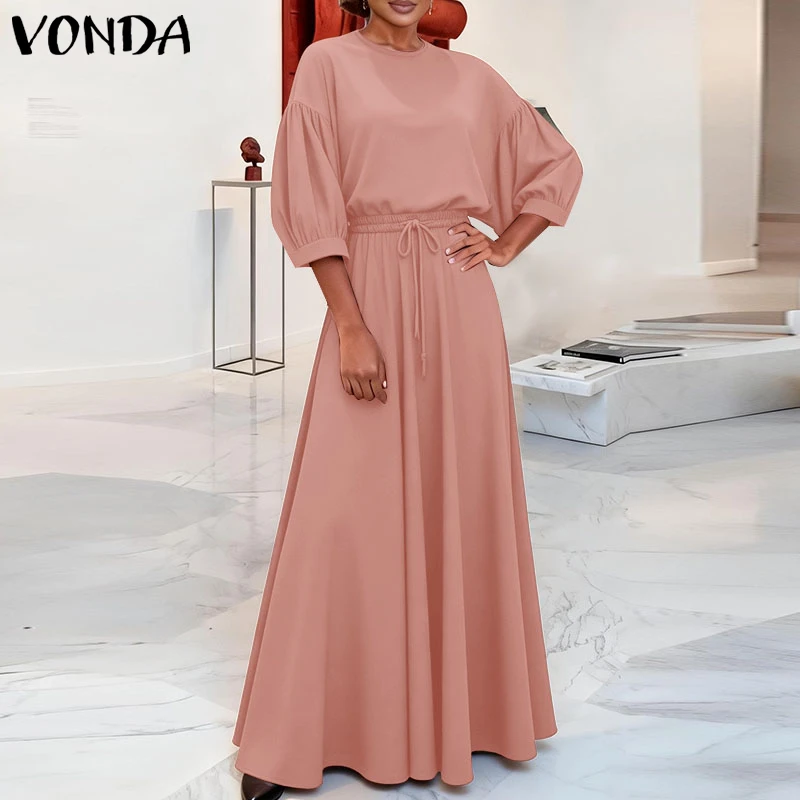 

Fashion VONDA Women Plus Size Sets 3/4 Sleeve Summer Dress Sets Solid Puff Sleeve O Neck Two-Piece Sets Blouses Long Skirts