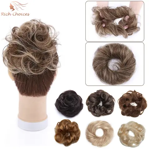 RichChoices 인간의 머리카락 지저분한 빵 머리 조각 진짜 머리 확장 물결 모양의 곱슬 머리 Scrunchies Tousled Updo Chignon for Women Girls