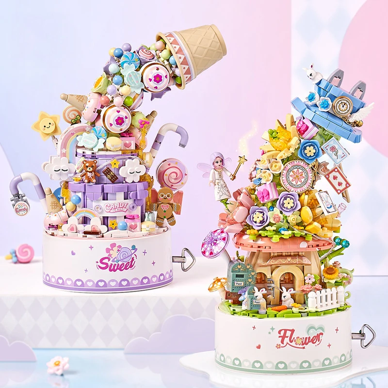 Creative Mini Block Music Box Construction Building Bricks Ice Cream Candy Flower House Figures Educational Toys With Light