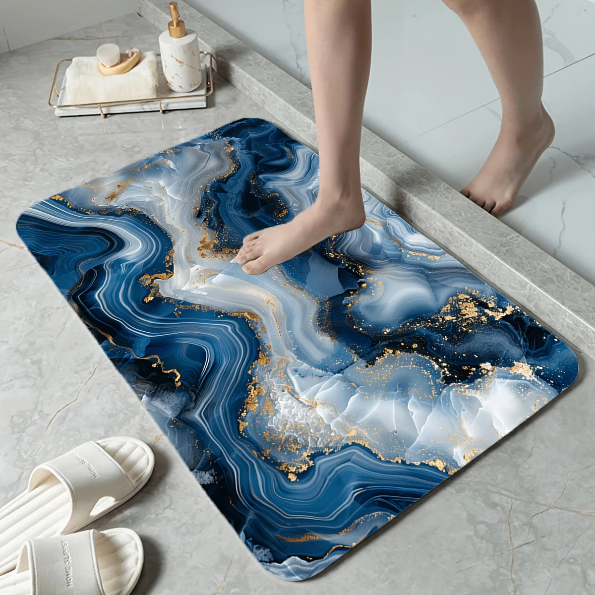 Blue Grey Gold Marble Print Bath Mat, Abstract Gilded Stone Texture Non-Slip Rug, Washable Luxury Decor Carpet for Bathroom
