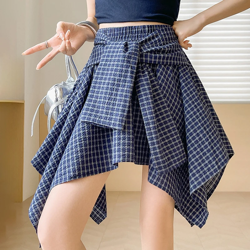 2025Y2K Onregelmatige Hoge Taille Geruite Rokken voor Vrouwen Herfst Nieuwe Harajuku Straat Mini Rok Vrouw Chic Lace-Up korte Shirts Mujer