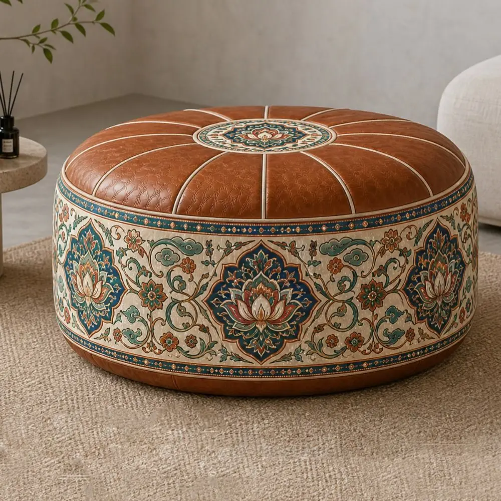 New PU Leather Ottoman Pouf Boho Pattern Round Shape Storage Ottoman Fillable Foldable Footstool Cover Multipurpose Storage view 5