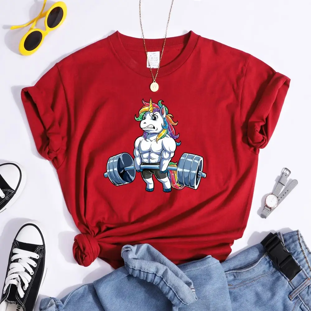 Funny Gym Unicorn Fitness Bodybuilding Cute Prints Women T-shirt Summer Casual Short Sleeve Street Loose Breathable Tee Clothes