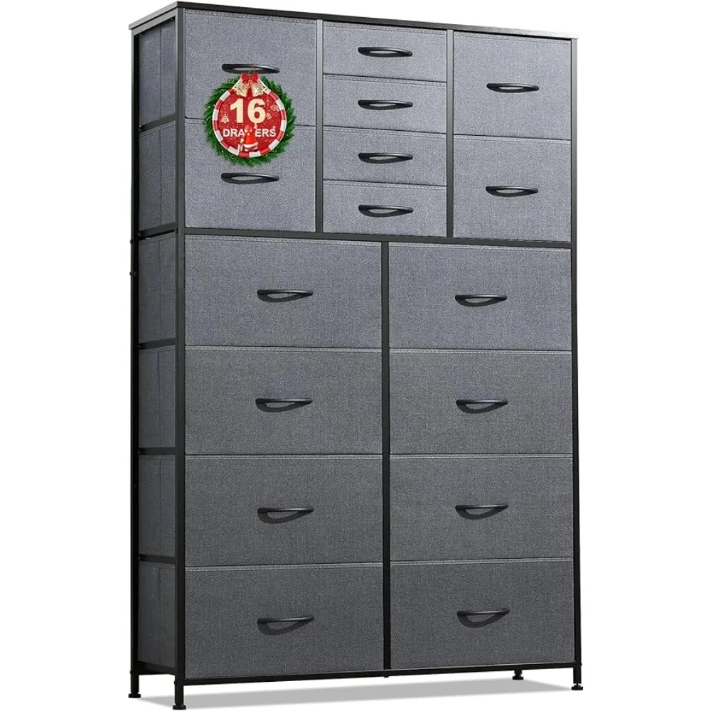 

Dresser for Bedroom with 16 Drawers, Tall Fabric Chest of Drawers Storage Organizer with,Wood Top for Bedroom,Hallway,Black Grey