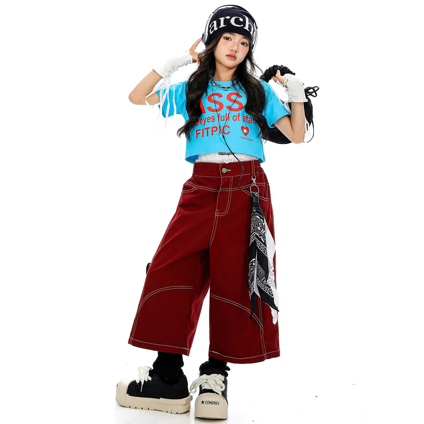 Enfant Kpop Hip Hop vêtements bleu culture t petit haut vin rouge décontracté jambe large poche Capri pantalon pour filles Jazz danse Costume vêtements