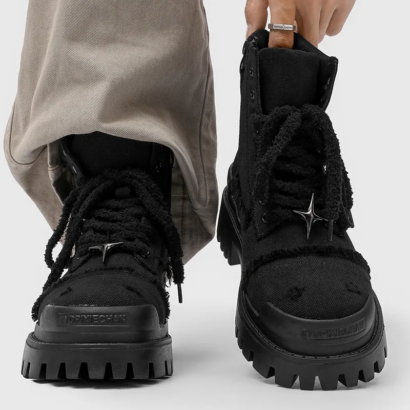 Men's High Top Platform Boots Thick Sole Casual Work Boots Outdoor Canvas Combat Boots Men Wear-resistant Lug Sole Hiking Shoes