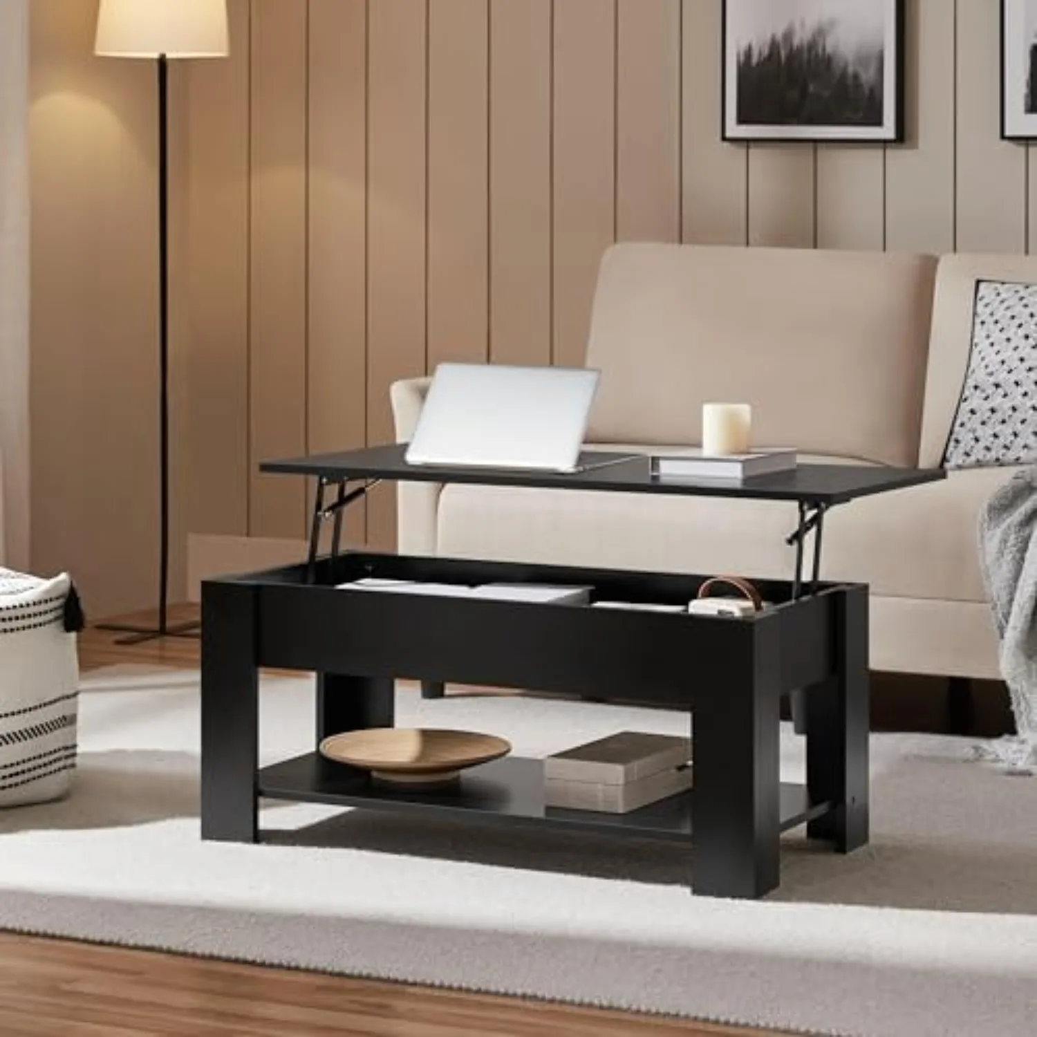 Black Lift Top Coffee Table with Storage for Living Room, 38.6