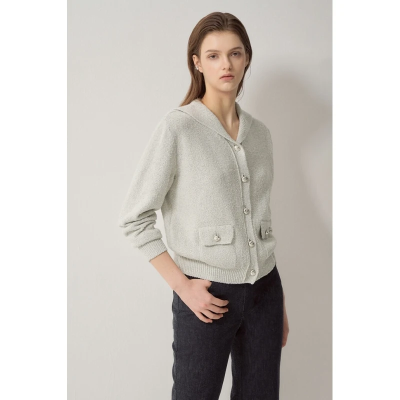 

Slimming Knitted Sweater Navy Collar Commuter Sle Elastic Self-Knitted ort Outerwear V-Ne Long Sve Korean Version