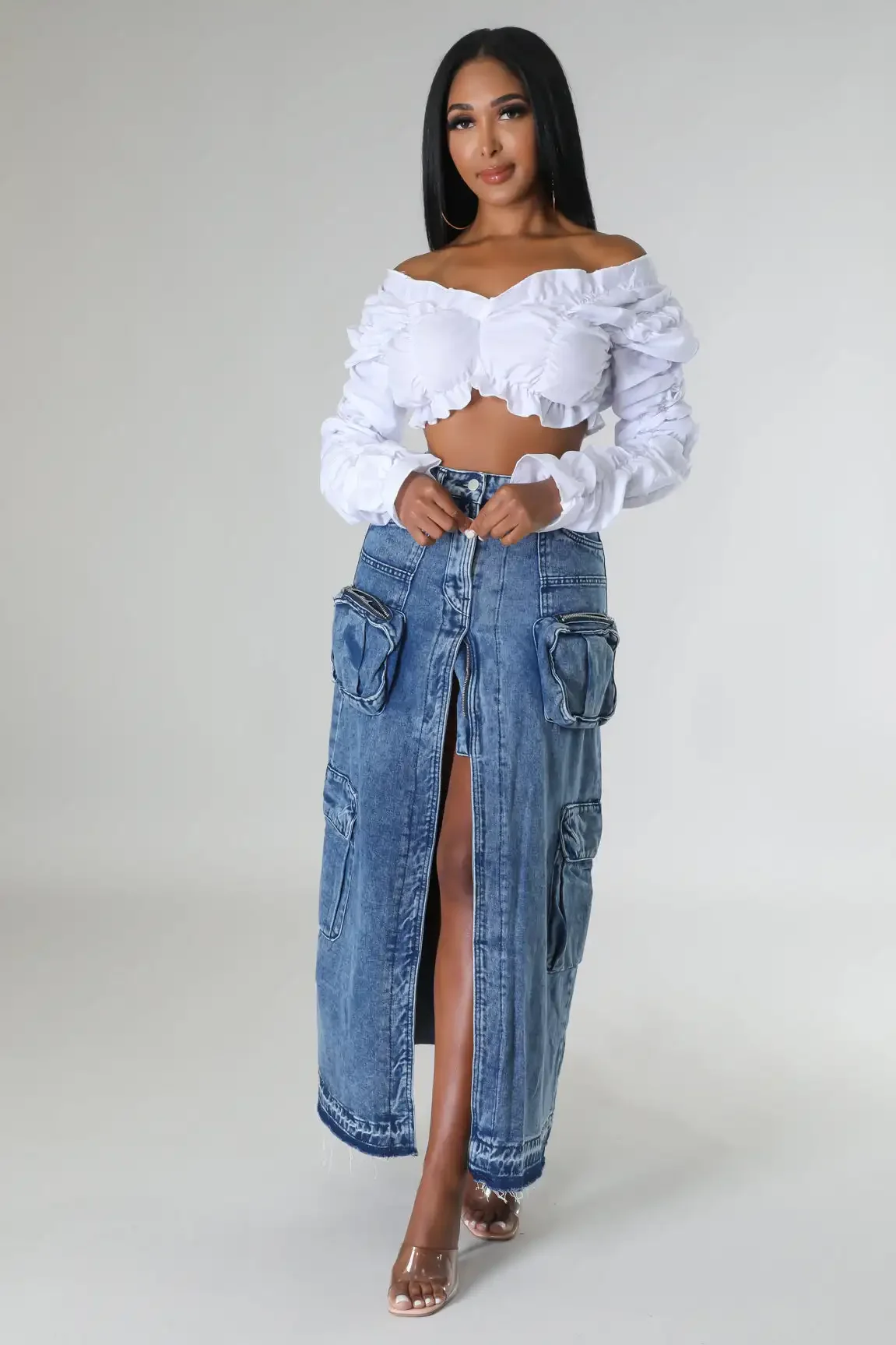 Vintage Jeans Split Skirt Sexy Women High Waist Elegant Multi Pockets Denim Long Skirt