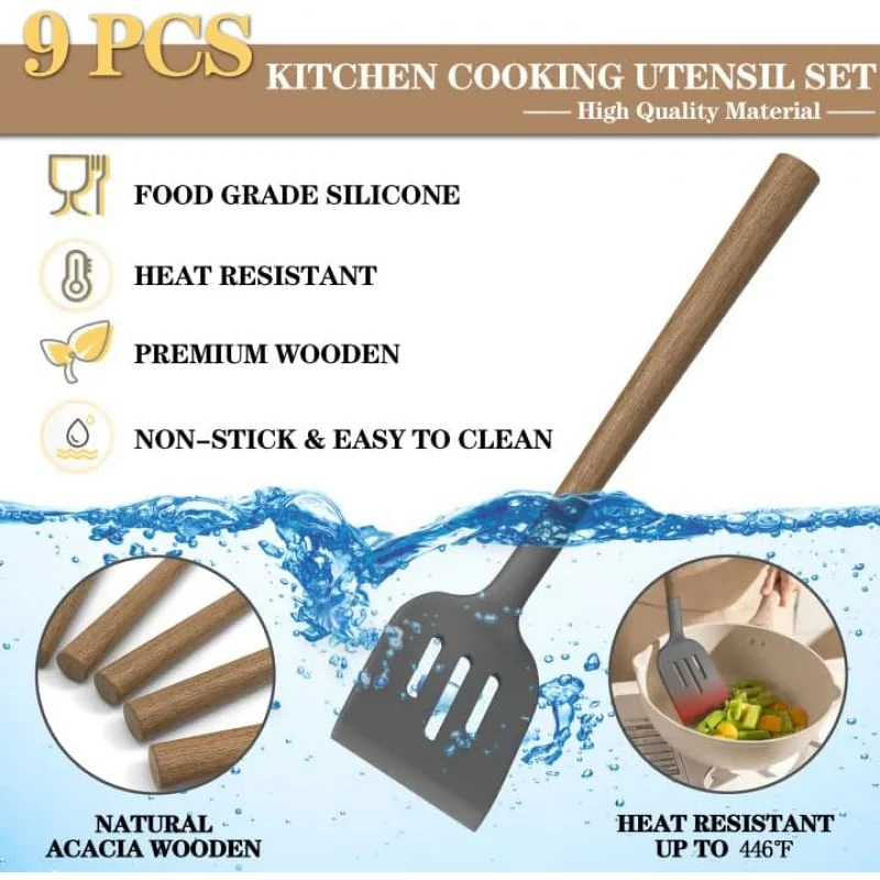Silicone Kitchen Cooking Utensil Set, 9Pcs Kitchen Utensils Spatula Set with Wooden Handle Nonstick Cookware, 446 °F Heat Re