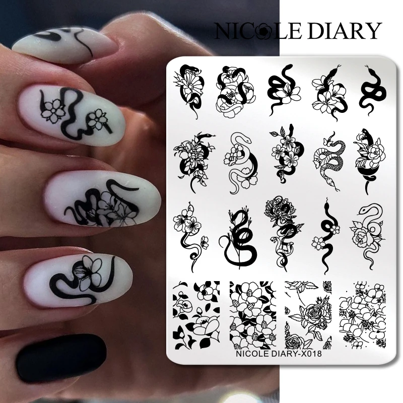 NICOLE DIARY Nail Art Stamping Plate Black Snake Line Drawing Template Animal Butterfly Flower Leaf Stamp Nail Mold Stencil Tool