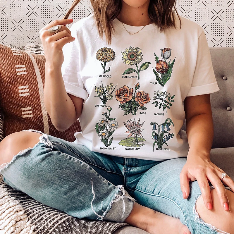 Retro Sunflowers Women T Shirt Harajuku Wildflowers Womens T-shirt Cotton Loose Graphic Tee Vintage Vegetables Plant Clothes Top