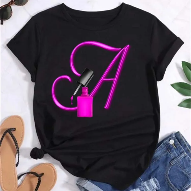 

Пользовательское имя Комбинация букв Модная женская футболка Лак для ногтей Буква Шрифт A B C D E F G Топы с короткими рукавами Женские футболки
