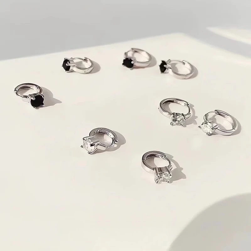 

925 Silver Hoop Earrings Temperament Simple Black White Zircon for Women Wedding Jewelry Accessories