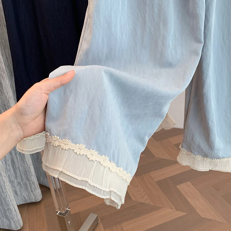 بنطلون نسائي واسع الساق بخصر مرتفع، تصميم جديد لصيف 2023، مريح وفضفاض من مزيج القطن مع كشكشة